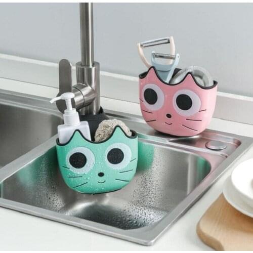 Adjustable Sink Drain Hanging Bag Faucet Soap Storage Hanging Bag Cartoon Big-eyed Cat Kitchen Dishwashing Storage Basket