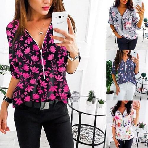 Womens V-neck zipper top printed roll-up sleeves long sleeves casual blouse