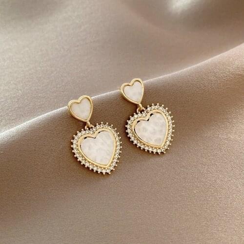 Origin Summer Sweet Love Heart Shell Dangle Earring for Women Femme Exquisite CZ Zircon Gold Color Metallic Earring Jewelry