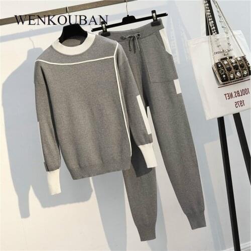 Autumn 2 Pieces Set Women Knitted Pullovers Sweater Casual Stripe Knit Jumper Tops and Pants Suits Fashio Long Sleeve Tracksuits