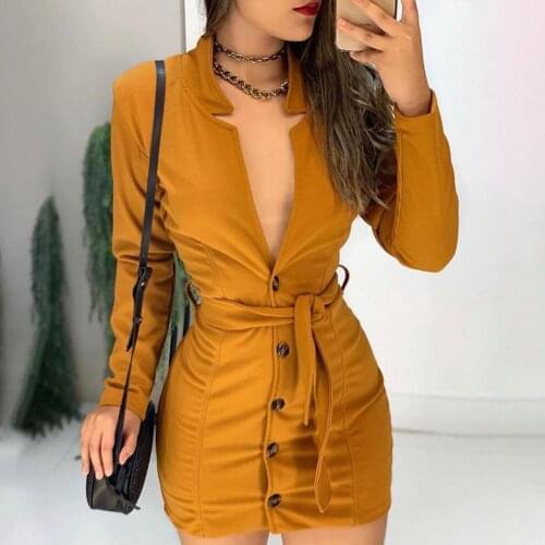 Long Sleeve Plunge Buttoned Bodycon Dress Bodycon Dress Solid Color Deep V Neck Women Long Sleeve Buttons Belt Buttoned Dress