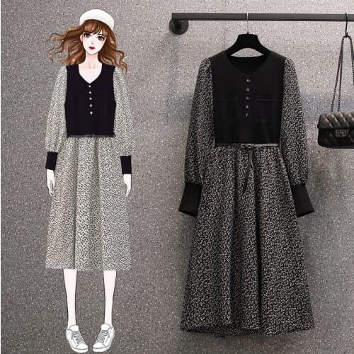 Knitted Stitch Chiffon Floral Long Sleeved Midi Plus Large Size Oversize Korean Fashion Kawaii Casual WomenS Elegant Dresses