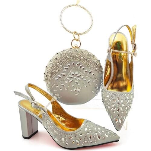2020 Comfortable Heels Sandals with Matching Bag for Woman Shoes and Bag Set High Quality Italian Wedding Shoes in Silver
