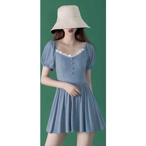 2021 New Popylar Solid Color Puff Sleeves Low-Cut Lace, Sunscreen Retro Buttons High-Waisted Pleated Skirt, Hot Spring Swimwear