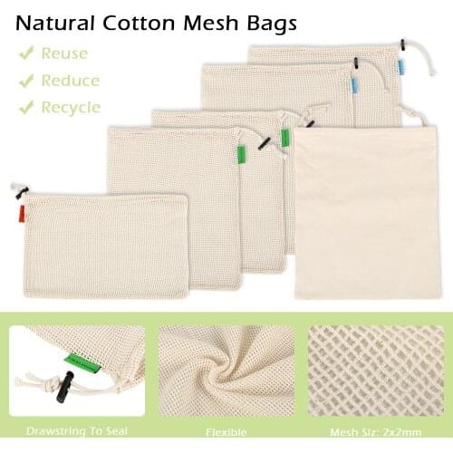 6Pcs Reusable Mesh Shopping Bags Eco Friendly Cotton Washable Drawstring Shopping Bag Fruit Vegetable Toys Sundries Storage Pack