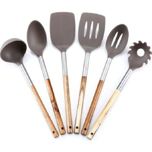 6pcs Nordic Silicone Kitchen Cooking Utensils Wooden Handle Kitchenware Set Baking Tools Shovel Cookware Kit