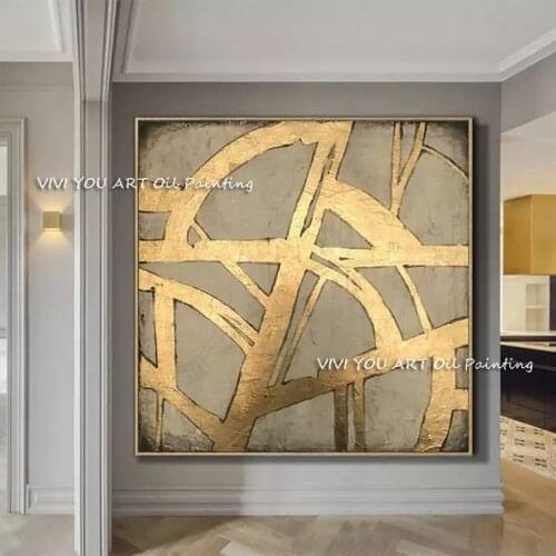 Big Abstract Bright Gold Line Hand-painted Oil Painting Modern Canvas Art Abstract Wall Art Pictures for Living Room Home Decor