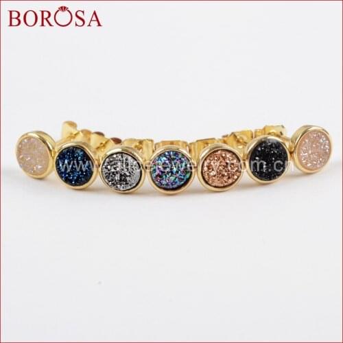 BOROSA 5/10pairs Round 6mm Gold Color Bezel Rainbow Titanium Druzy Stud Earrings Agates Wpmen Earrings Drusy Jewelry ZG0277