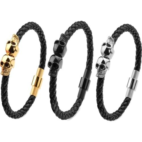 Stainless Steel Cool Skull Skeleton Head Bangle Black Braided Genuine Leather Bracelet For Men Charm Jewelry Gift