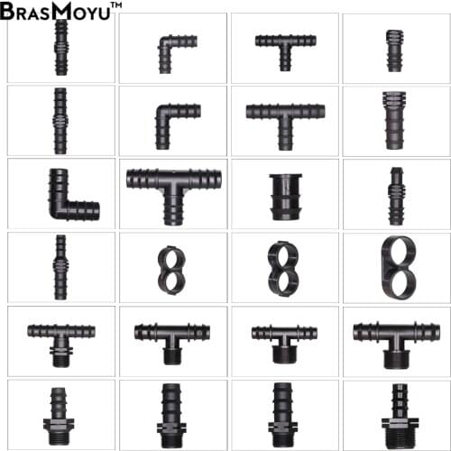 BRASMOYU 16 20 25mm Garden Irrigation Tubing Barbed Connector Fitting Tee Elbow Couplings End Plug Micro Drip Adapter for Garden