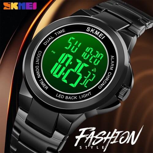 SKMEI 2 Time Mens Digital Watch Luxury Stainless Steel Waterproof Electronic Clock Sport Countdown Wristwatch Relogio Masculino