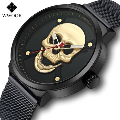 WWOOR Luxury Gold 3D Skull Men Watches with Mesh Steel Sports Waterproof Quartz Clocks Male Fashion Creative Big Dial Wristwatch