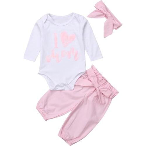 Toddler Kids Baby Girl Letter Outfits Long Sleeve Romper Tops Solid Long Pants Headband Trousers Clothes Set 0-24Months