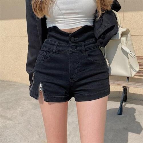 New Fashion High Street Black Sexy Zipper Slit Denim Hot Shorts Women Spring Summer High Waist Bodycon Jean Shorts