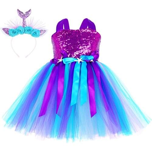 Purple Blue Sequins Mermaid Tutu Dress Starfish Girls Princess Dress Under The Sea Costume Kids Halloween Birthday Party Dress