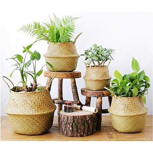 Household Storage Foldable Natural Seagrass Woven Storage Basket Pot Garden Flower Vase Hanging Wicker Basket Bellied Baskets