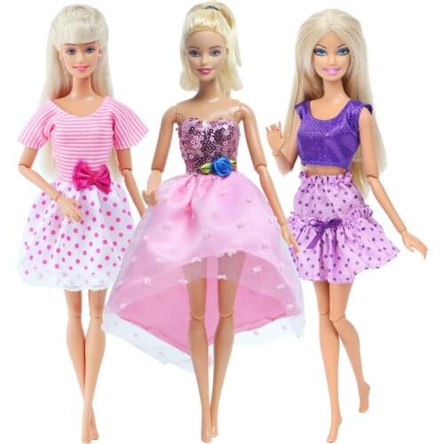 Set Sale Handmade Doll Outfits 3 Pcs Mini Gown Pink Lace Stripe Dress Shiny Top Clothes for Barbie Doll Accessories Kid Gift Toy