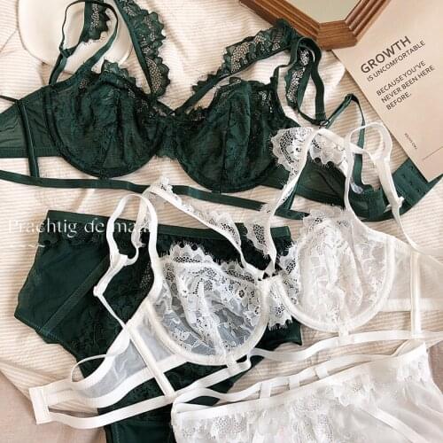 Deep V Sexy Underwear Ultrathin Bra Set Plus Size Brassiere Women Lingerie Set Lace Hollow Out Transparent Bra High Waist Pantie