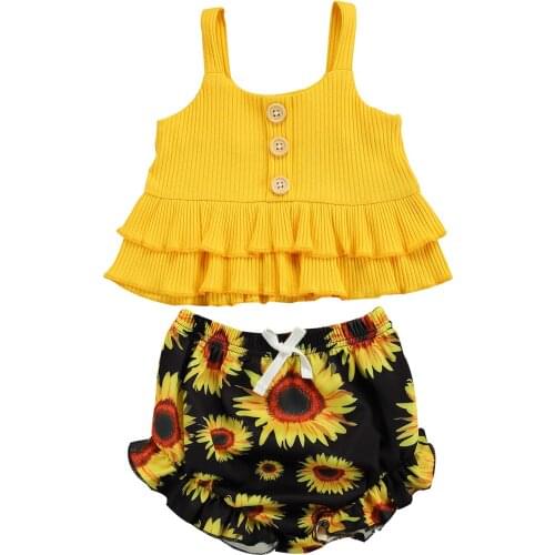 Girls Clothing Sets New Summer Sleeveless T-shirt+Sunflower Print Shorts 2Pcs for Kids Clothing Sets Baby Clothes Outfits