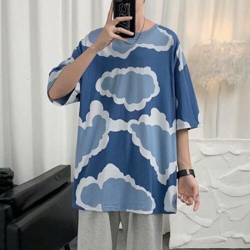 Summer T-shirt Mens Casual All-match Round Neck Short Sleeve Shirt Loose Printed Cloud T-shirt Trend Thin Tops Male Clothes