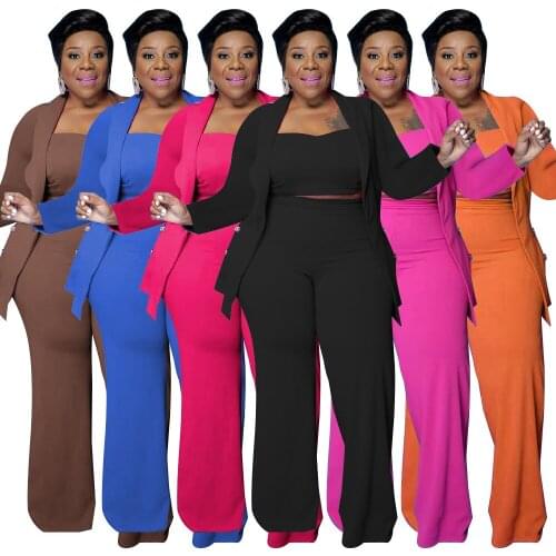 Hot Women Casual Three-Piece Set Drop-shipping Pure Color Vest Elastic Waist Loose Pants Single-breasted Coats Plus Size Outfits
