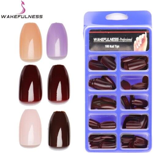100pc/ box Coffin Fake Nails Burgundy Ballerinas Press On Nails Medium Full Cover Nep Nagels UV Nails Tips Designs