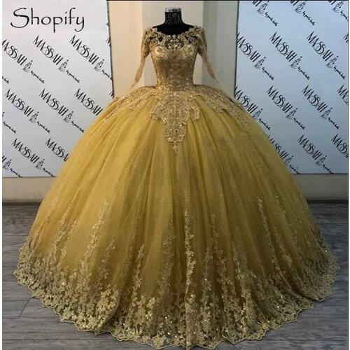 Charms Prom Dresses 2020 Puffy Sweet 16 Long Sleeve Celebrity Mexican Gold Tulle Beaded African Cinderella Quinceanera Dresses