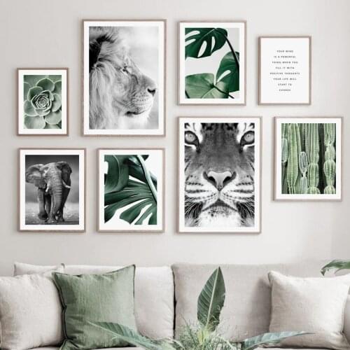 Lion Tiger Elephant Nordic Retro Poster Green Plant Cactus Wall Art Print Canvas Painting Mural Living Room Decoration