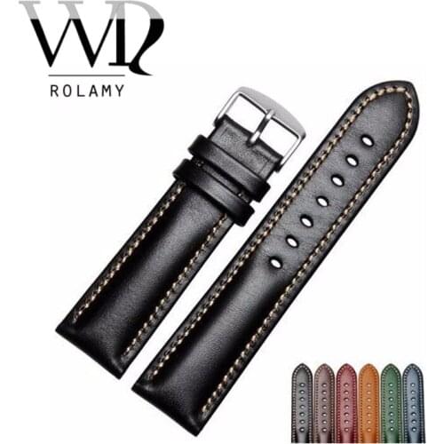 Rolamy 18 20 22mm Handmade Leather VINTAGE Black Brown Blue Green Wrist Watch Band Strap Belt For CITIZEN Omega Rolex Tag Heuer