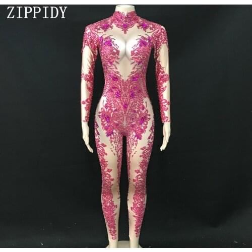 Rose Stones Sparkly Jumpsuit Fashion Spandex Stretch Shining Dance Costume One-piece Bodysuit Nightclub Outfit Party Leggings