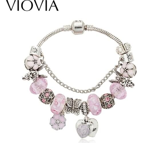 VIOVIA Rhinestone European Antique Silver Color Beads Fashion Charm Bracelets Bangles For Women Jewelry In Pink B16014