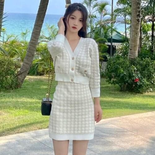Houndstooth Plaid Pearls Buttons Knitted Sweater + High Waist Mini Skirts Set Two Piece Tracksuit Autumn V-Neck Office Suit Z821