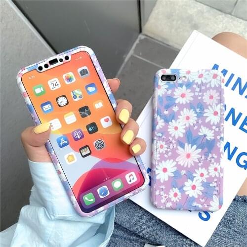 Full Cover Protective Phone Shell for iPhone 6 6S 8 7 Plus Purple Flower Case & Glass for iPhone X XR 11 Pro XS Max Hard Cover