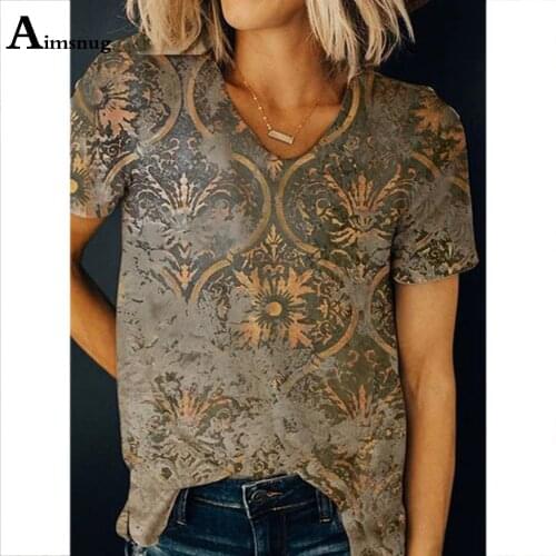 Plus Size 3xl Women Elegant Leisure Casual V-neck T-shirt Flower Print Top Pullovers 2021 Summer Loose Tees shirt Femme Clothes