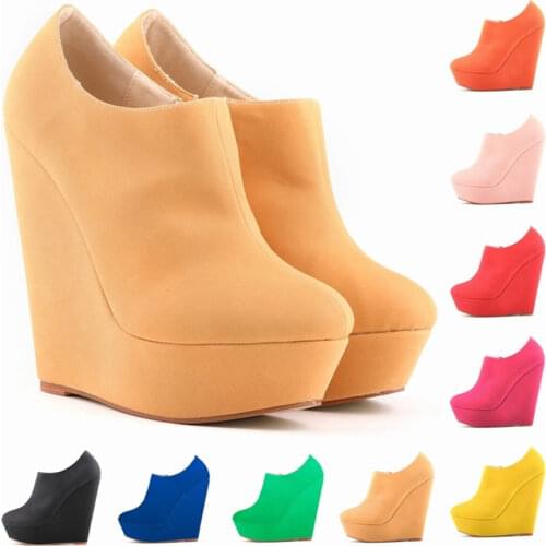 Candy Colors Nubuck Leather Women Ankle Boots Autumn Round Toe Womens Fashion Platfrom Wedges Boots Side Zipper High Heels Boot