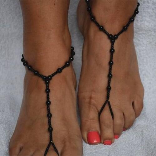 1Pcs Bohemia Black White Imitation Pearl Elasticity Toe Ring Anklets Summer Beach Barefoot Sandals Anklet Foot Jewelry For Women