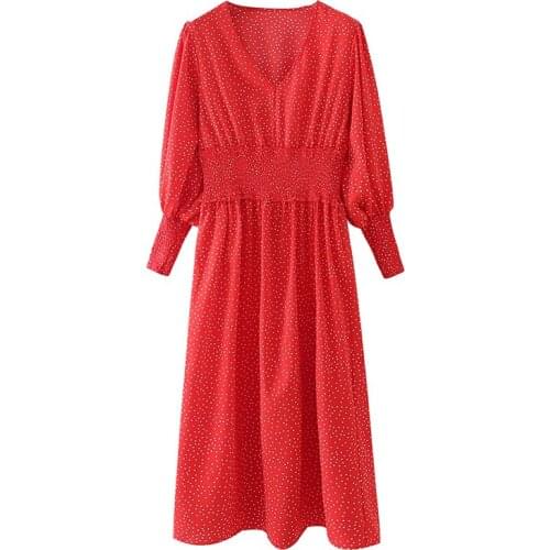 YENKYE Summer Women Vintage Polka Dot Red Dress Elegant Ladies V Neck Elastic Waist A-line Long Dress Sexy Slits Vestido