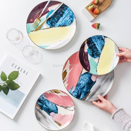 1PCS Dinnerware Painting Gold Inlay Colorful Cloud 8 /10 Inch Ceramic Plate Dinner Porcelain Cake Snack Dessert Plate
