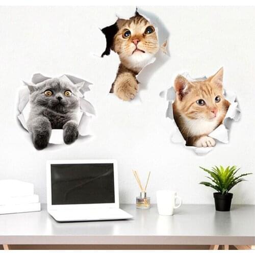 3D cute cat wall decoration stickers cartoon hole cute expression cat refrigerator stickers bathroom toilet decorative painting