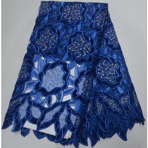 5 colors Free shipping high grade African handcut organza lace fabric in royal blue with velvet and stones for party dress OP125