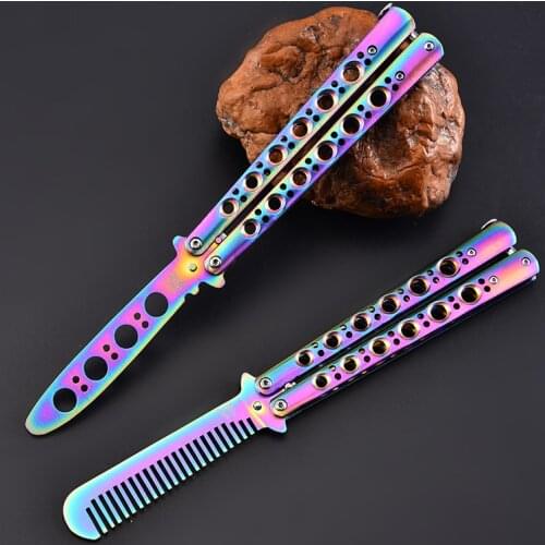 6 Holes Practice Training Stainless Steel Butterfly Knife Practice Training Folding Comb Beard Moustache No Edge Blunt Tool