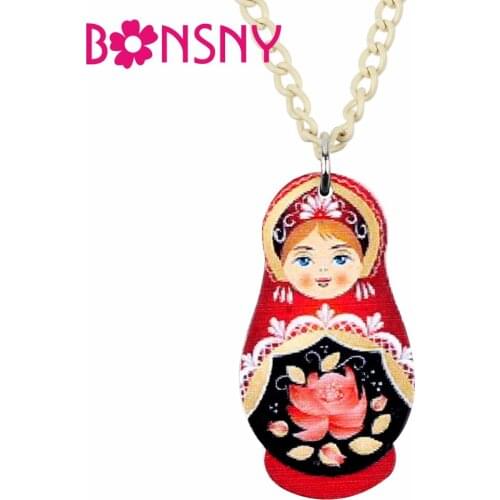 Bonsny Acrylic Fashion Carft Russian Doll Necklace Pendant Chain Choker Classical Festival Jewelry For Women Girl Gift Wholesale