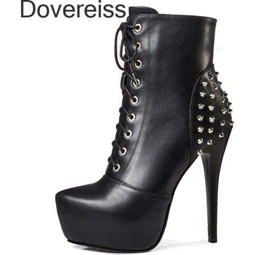Dovereiss Fashion Womens Shoes Winter Sexy Genuine Leather Lacquered Leather Rivets Platform Zipper Mature Ankle Boots 33 40