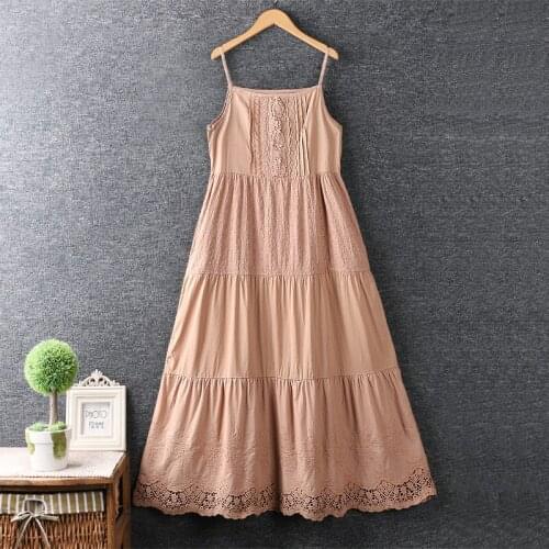New Summer Literary and Artistic Small Fresh Water-soluble Lace Embroidery Sling Long Cotton and Linen Loose Dress