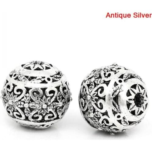 DoreenBeads Copper Spacer Beads Round Silver Color Hollow Flower Pattern Carved 11mm x 10mm,Hole:Approx 1.5mm,10PCs