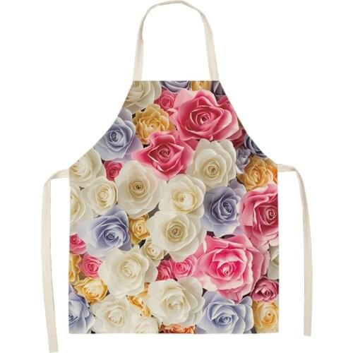 Flower Apron Women Men Colorful Floral Cotton Linen Aprons for Kitchen Home Cooking Baking Cleaning Accessories 66x47cm 47x38cm