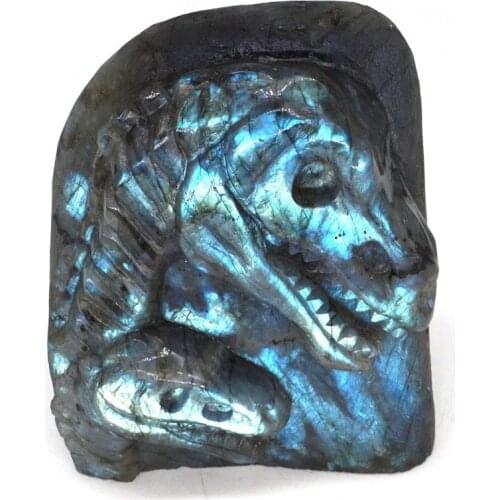 Dinosaur Head skull Natural Labradorite Crystal Carved Statue Crafts Home Decor 4"