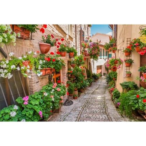 Town Street Flowers Pathway View Photography Backgrounds Customized Portrait Baby Photographic Backdrops For Home Photo Studio