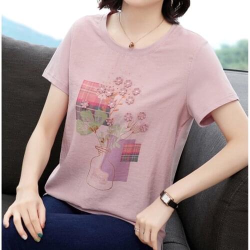 LJSXLS Appliques Cotton Basic Womens T-shirt Summer Top Print O-Neck Short Sleeve T shirt Woman All-match Loose Tee Shirt Femme