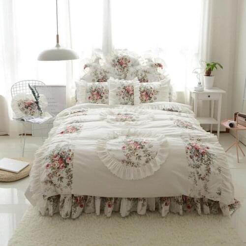 100% Cotton Girls Korean style Bedding Set 4/7Pcs King Queen Twin Size Floral Lotus Leaf Bed skirt set Duvet Cover Pillow shams
